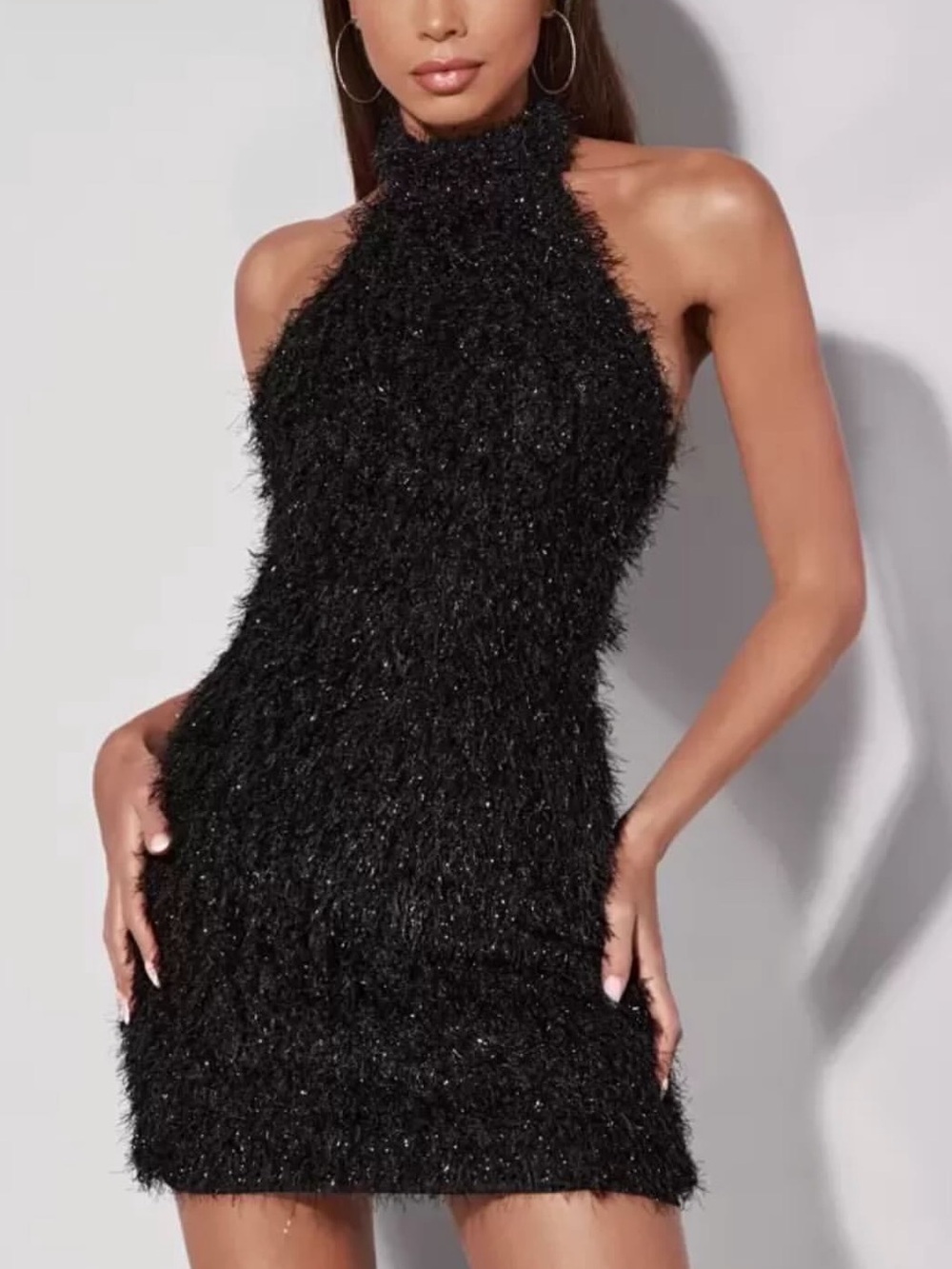 Black Halter Sheen Mini Dress